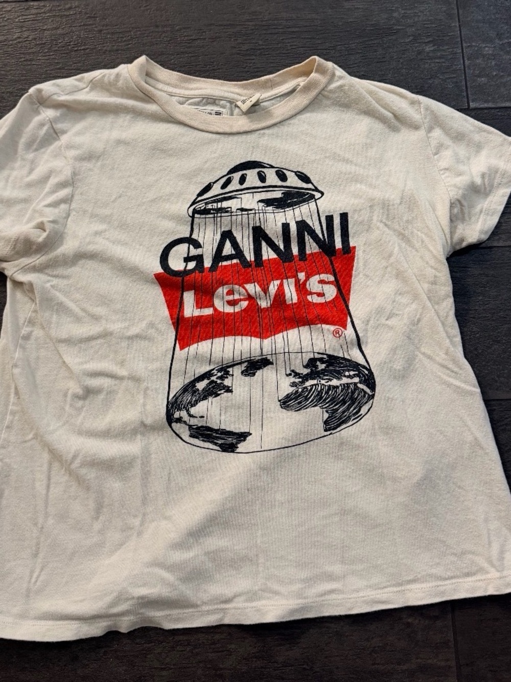 Ganni Cream Graphic Logo Tee with Black Print
